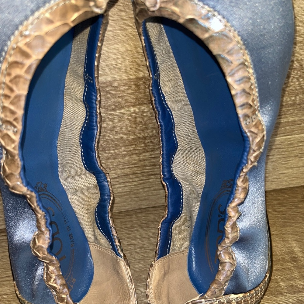 Authentic Tod's Blue Satin With Snakeskin Trim Scrunch Dee Ballet Flats - Picture 16 of 16